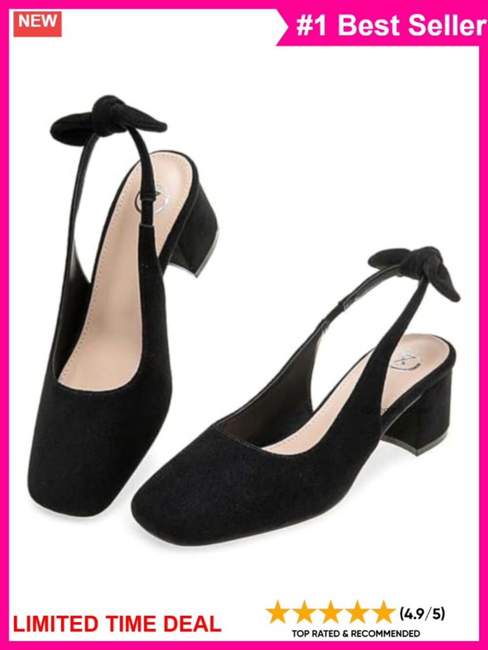 Women's Faux Suede Slingback Pumps Square Toe Low Block Heel Bow Formal Heels